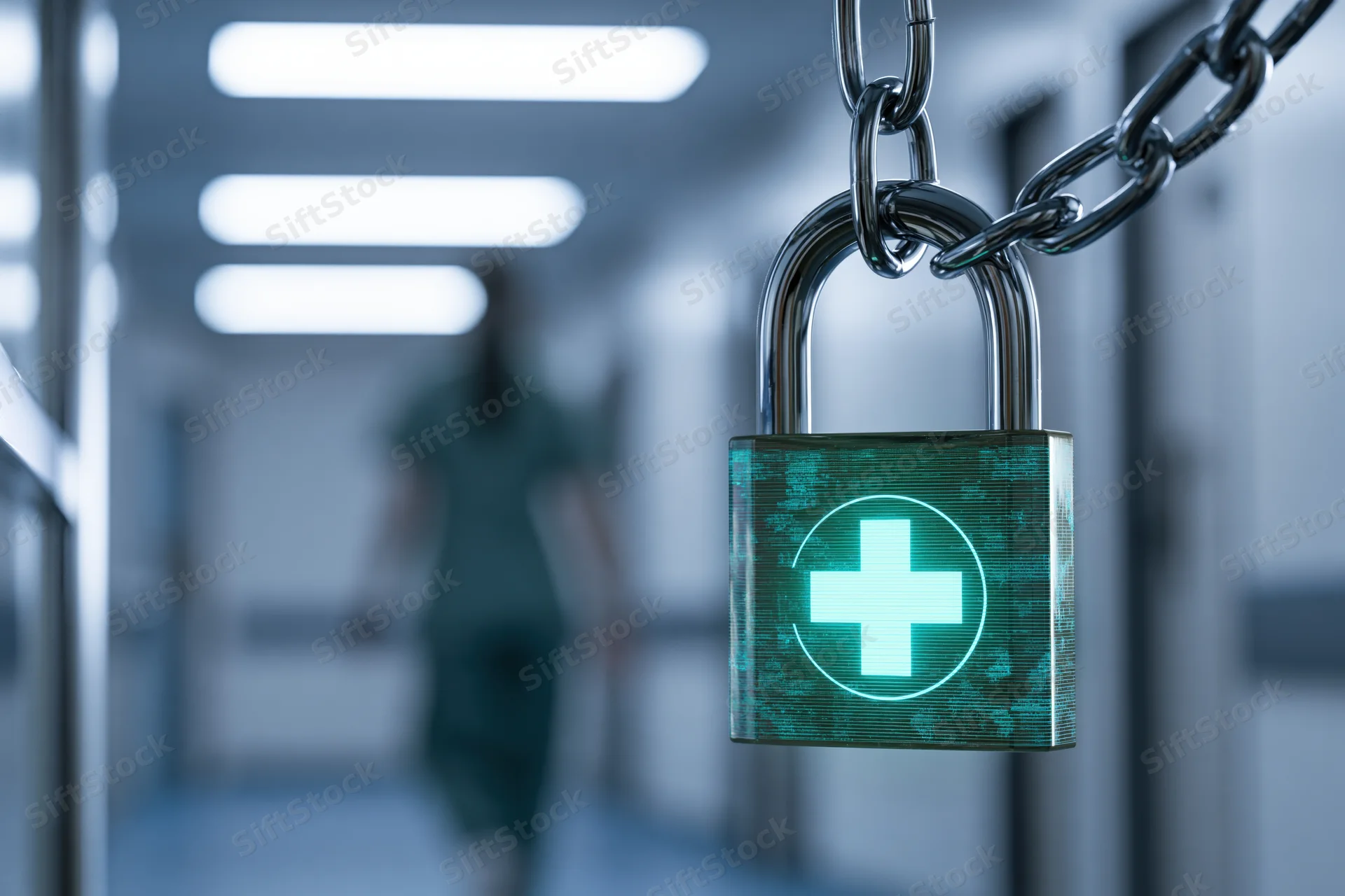 Steel padlock with glowing teal medical cross hanging on chain in hospital corridor