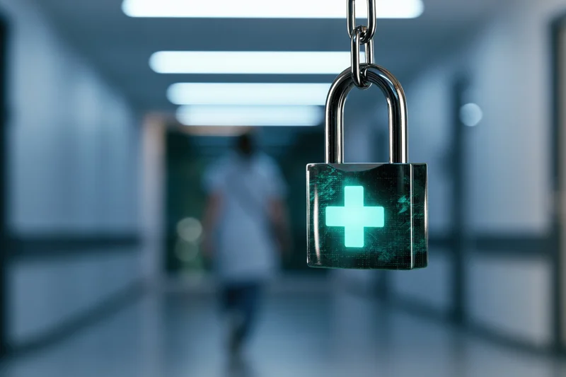 Steel padlock with glowing teal medical cross hanging in a hospital corridor