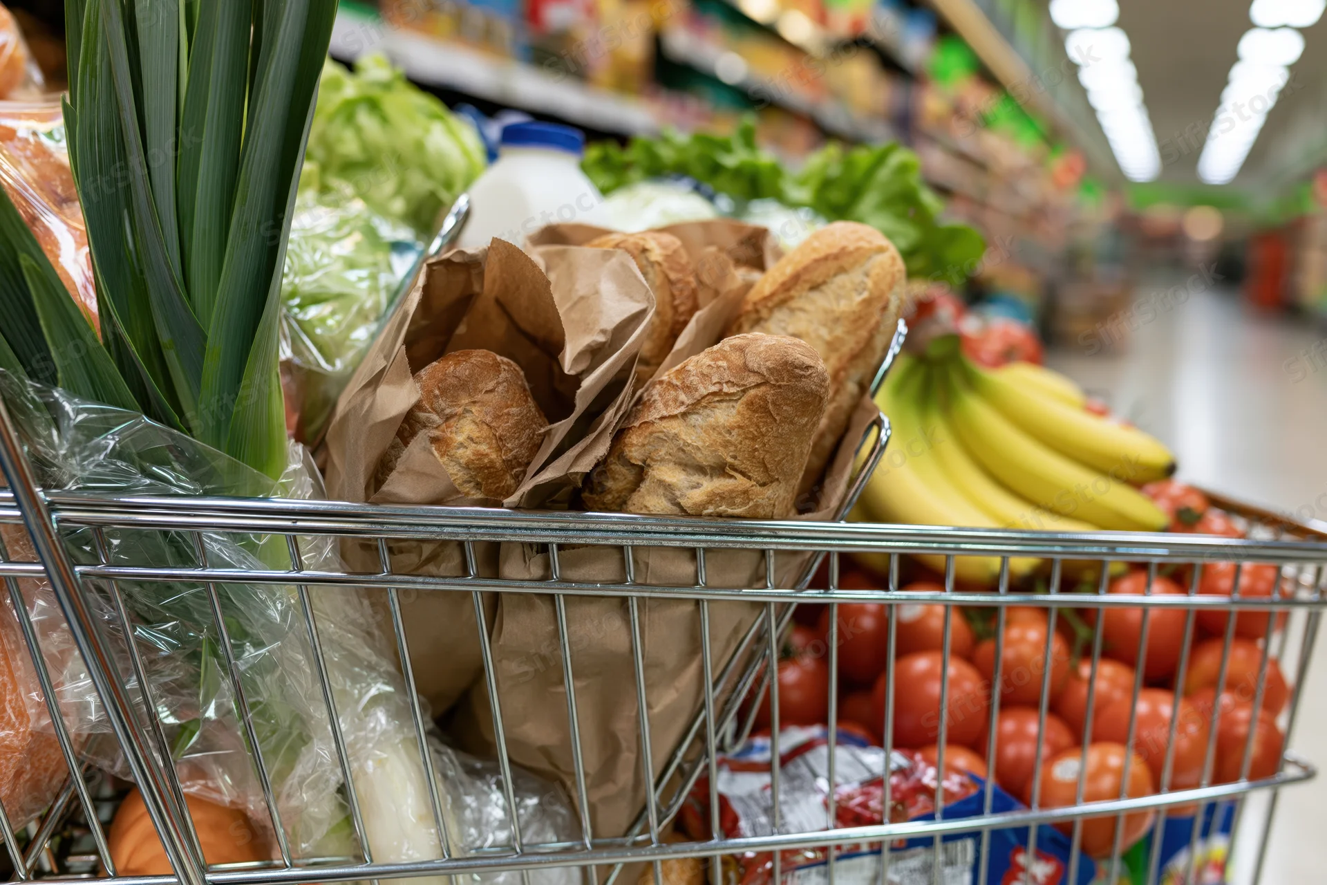 Shopping cart filled with baguettes, tomatoes, bananas, green onions and milk in a supermarket aisle