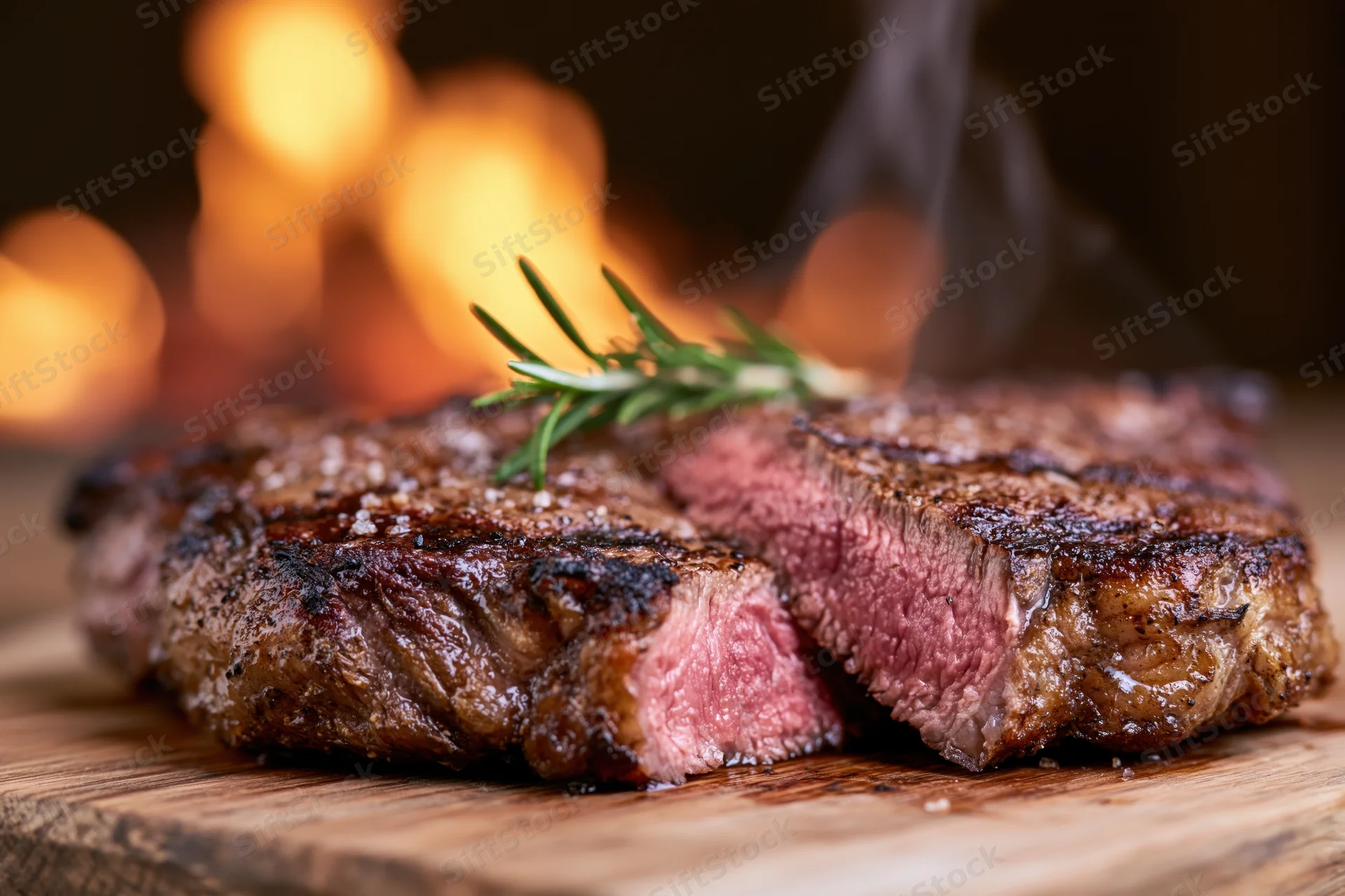Thick grilled ribeye steak with rosemary garnish on wooden cutting board, smoke rising, warm fire in background