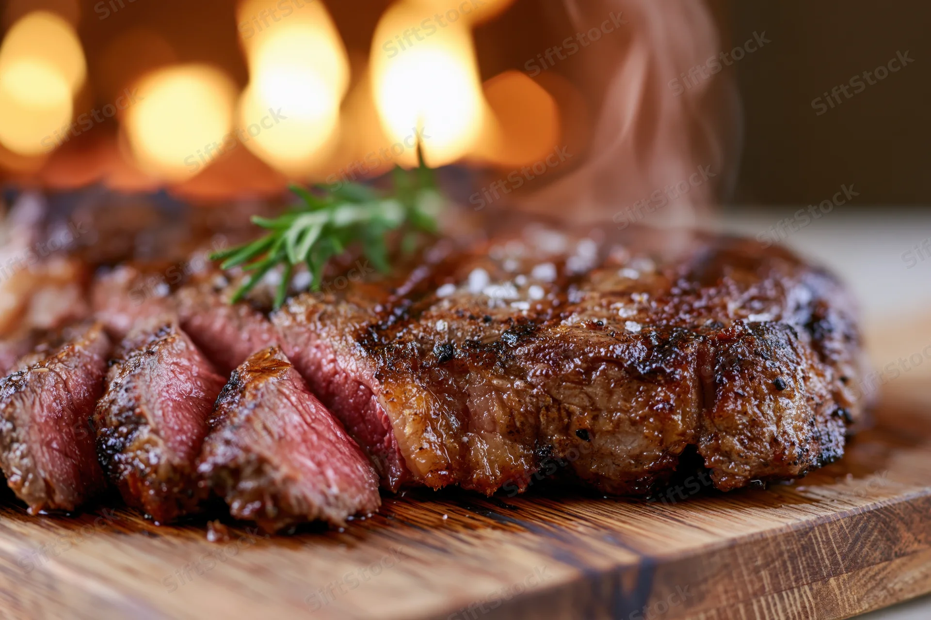 Thick grilled ribeye steak with rosemary and salt on wooden cutting board, steam rising, warm bokeh lights in background