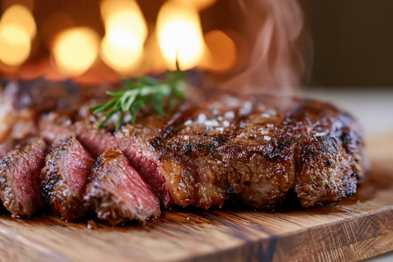 Thick grilled ribeye steak with rosemary and salt on wooden cutting board, steam rising, warm bokeh lights in background