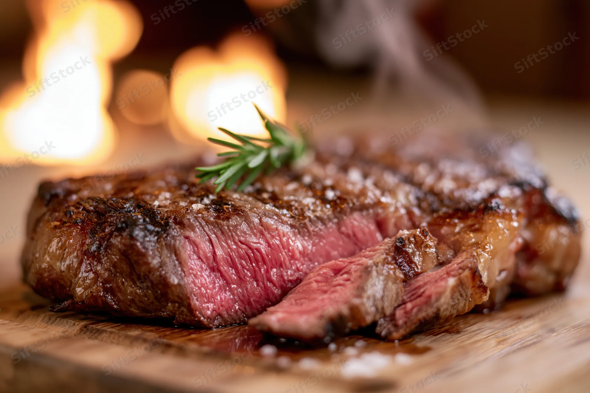 Thick grilled ribeye steak with rosemary garnish on wooden cutting board, partially sliced to show medium-rare interior