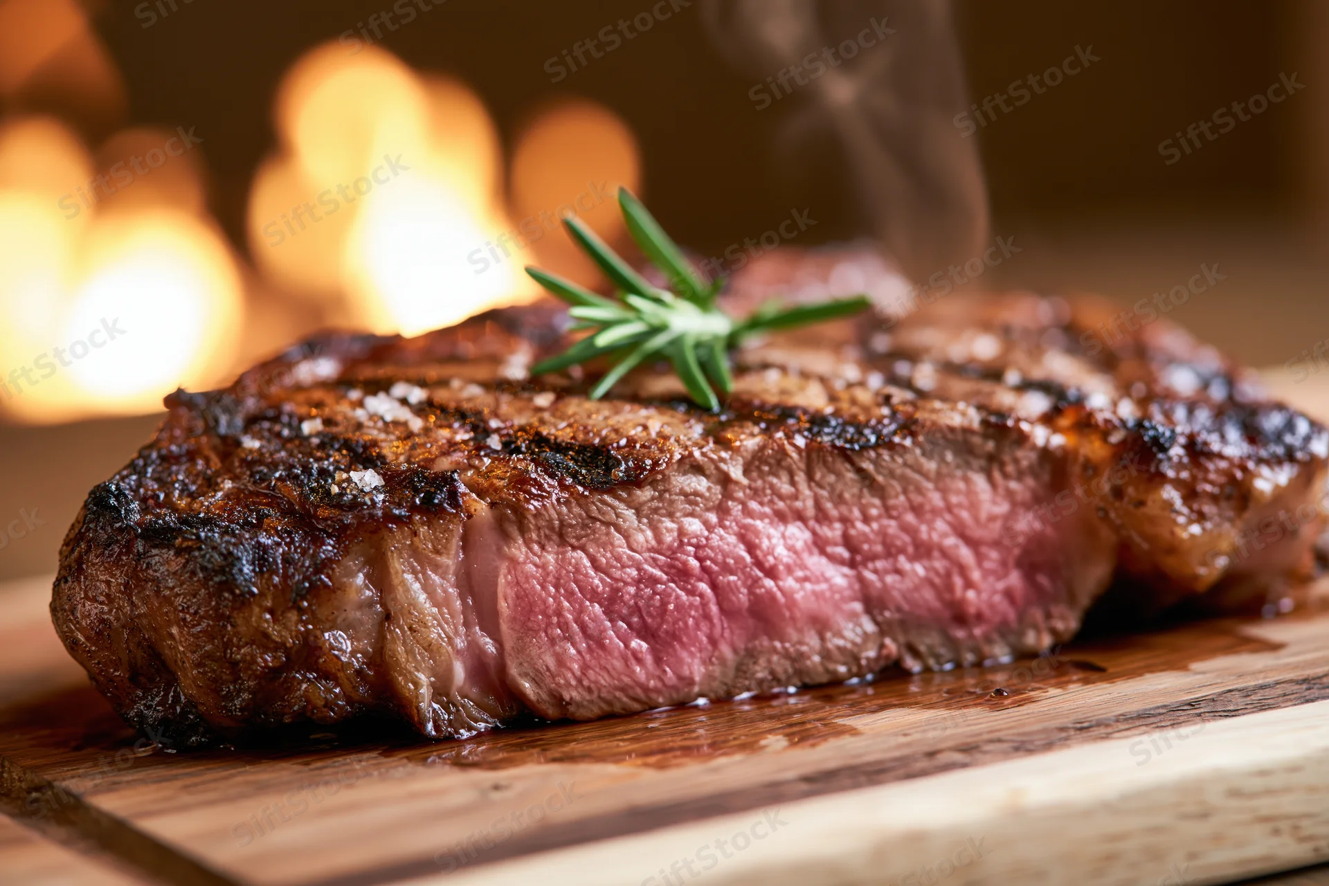 Thick grilled ribeye steak with rosemary garnish resting on wooden cutting board