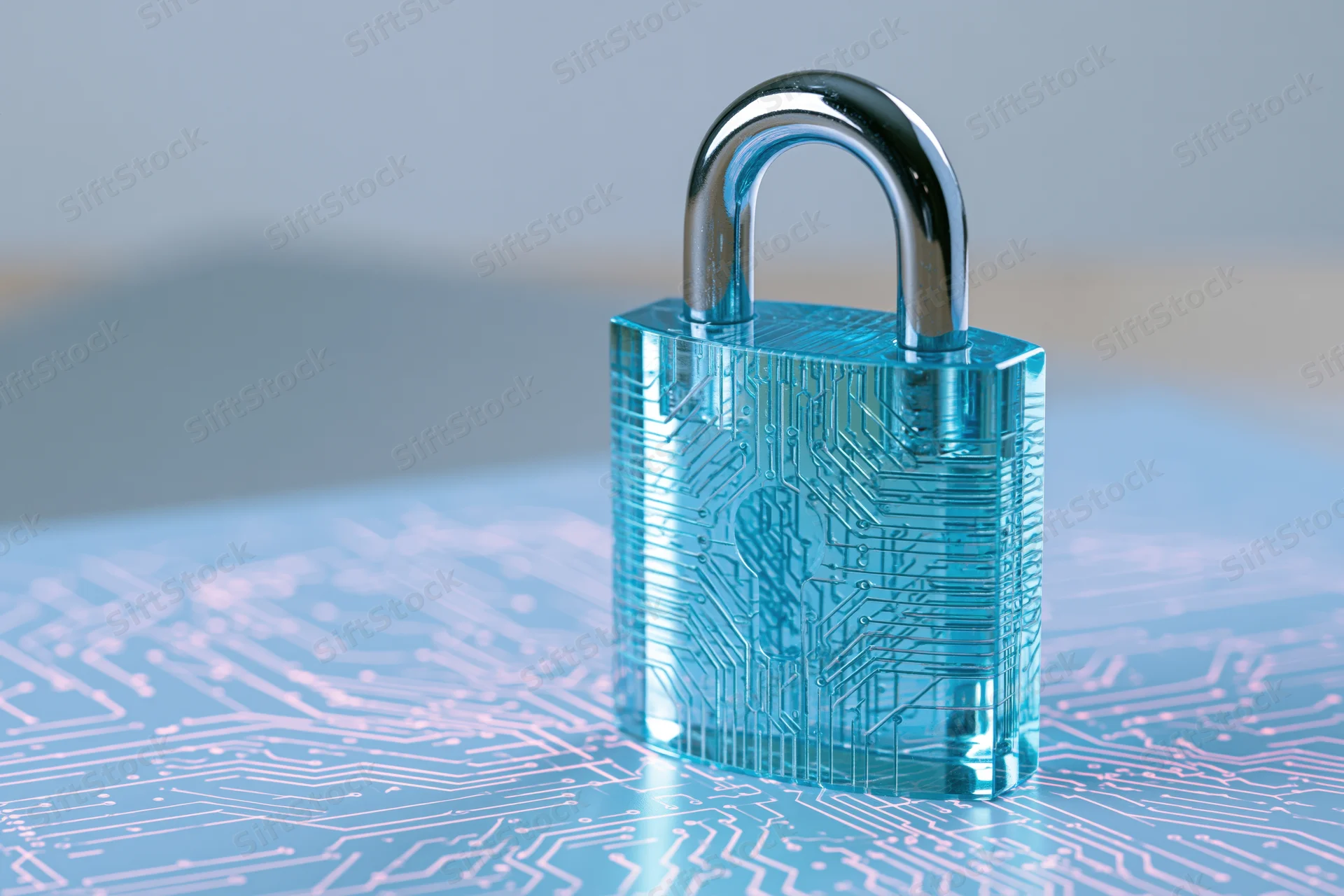 Translucent blue padlock with circuit board patterns on a matching surface