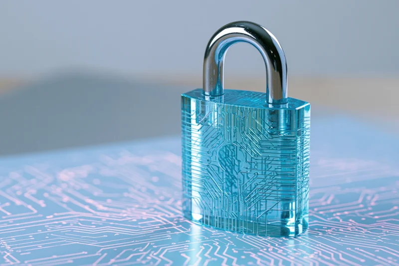Translucent blue padlock with circuit board patterns on a matching surface