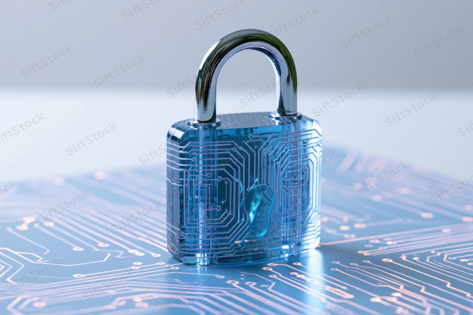 Translucent blue padlock with circuit board patterns resting on a circuit board surface