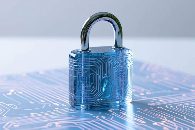 Translucent blue padlock with circuit board patterns resting on a circuit board surface
