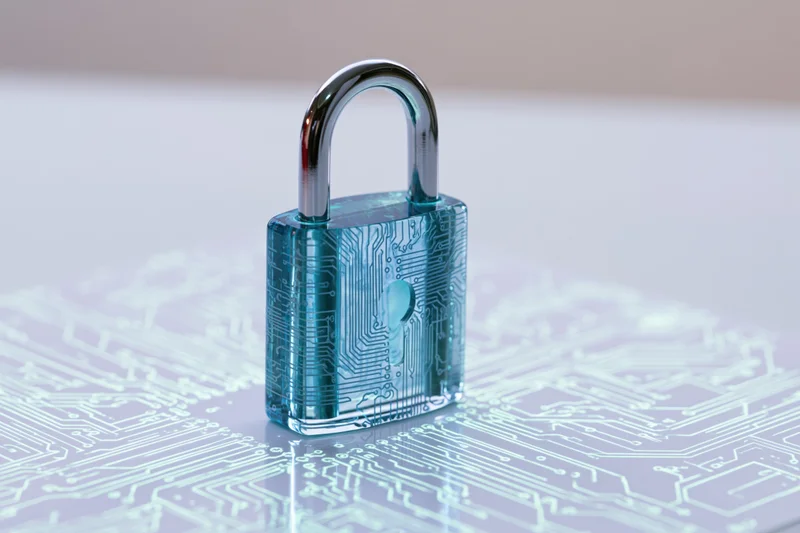 Translucent blue padlock with circuit board etching on a reflective surface
