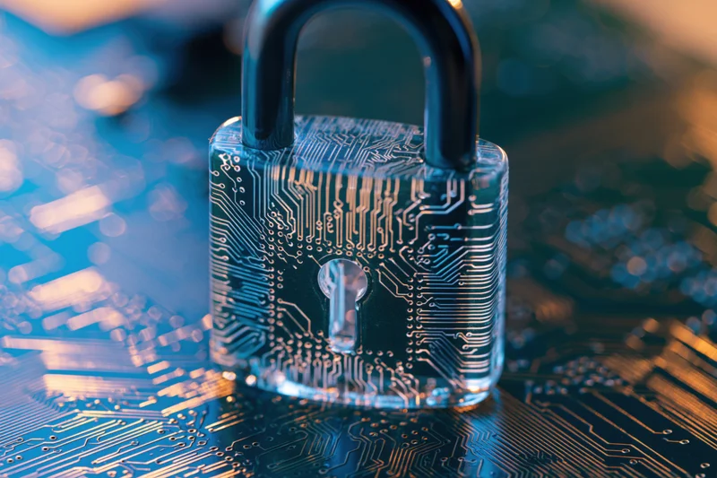 Translucent padlock with circuit board design resting on a printed circuit board surface