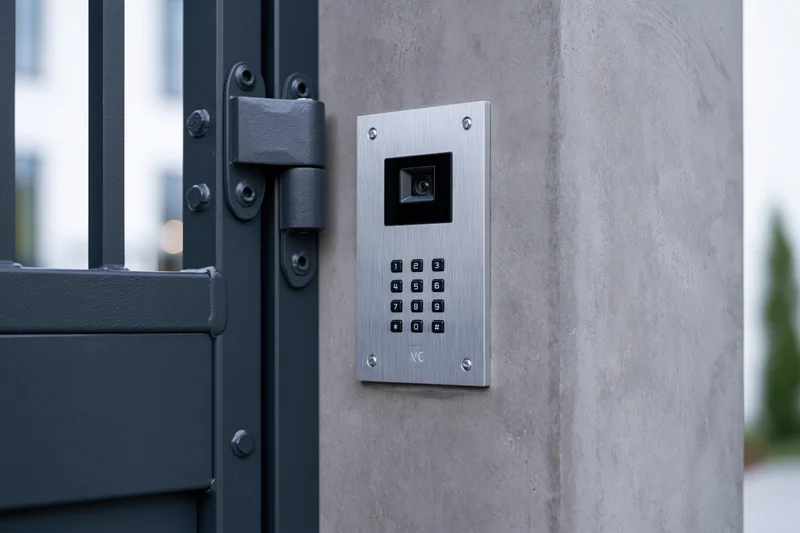 Video intercom panel with keypad and camera mounted on concrete wall beside metal gate