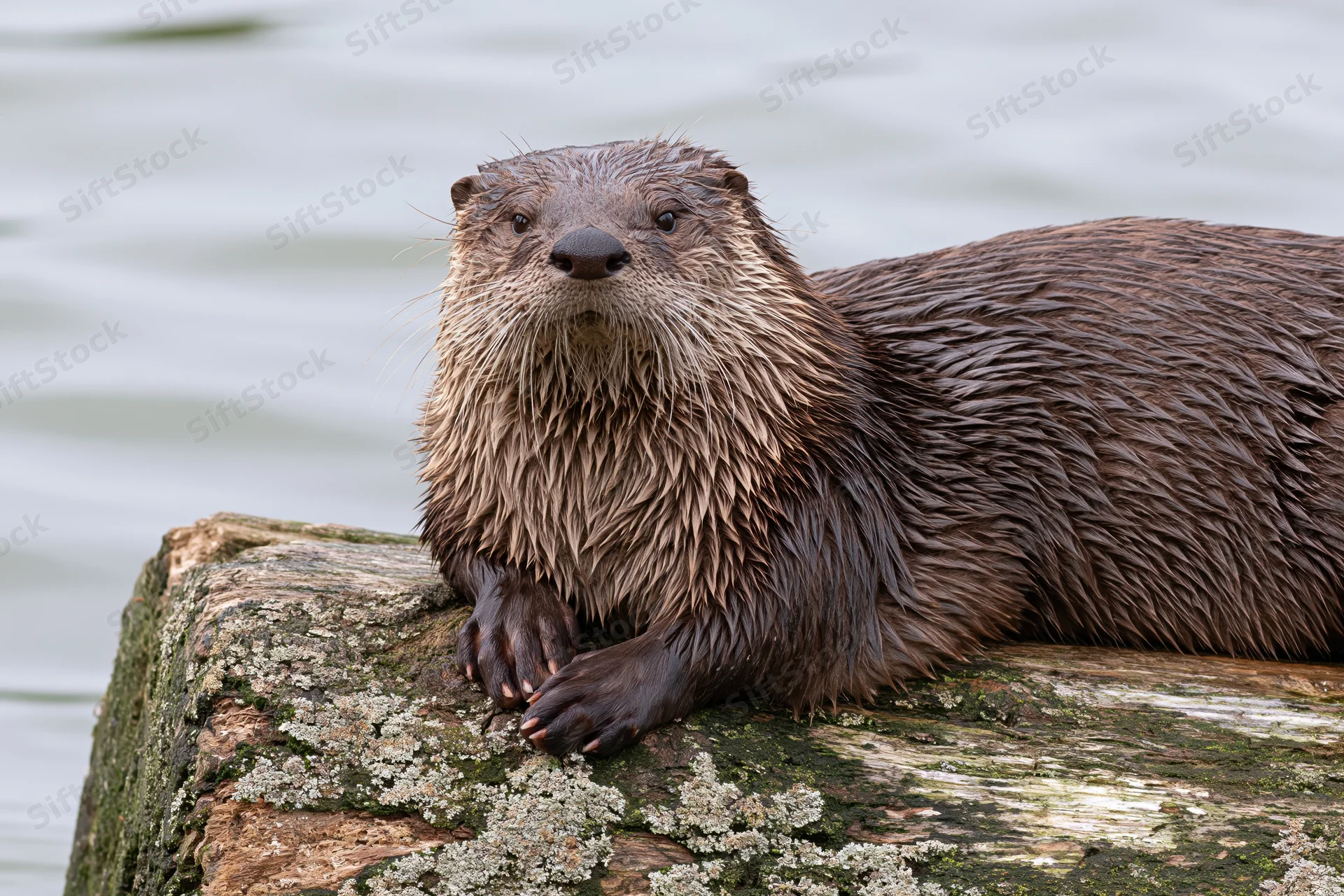 Wet river otter resting on a mossy log by the water