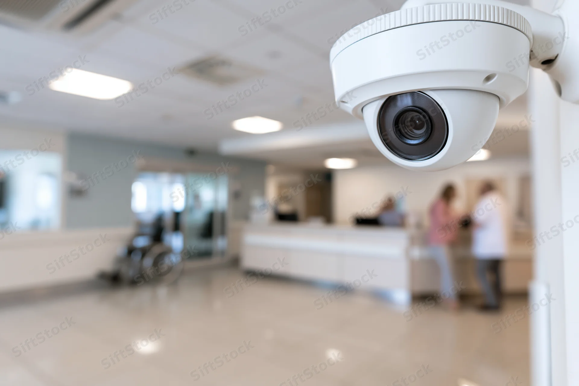 White dome security camera mounted near ceiling in hospital reception area