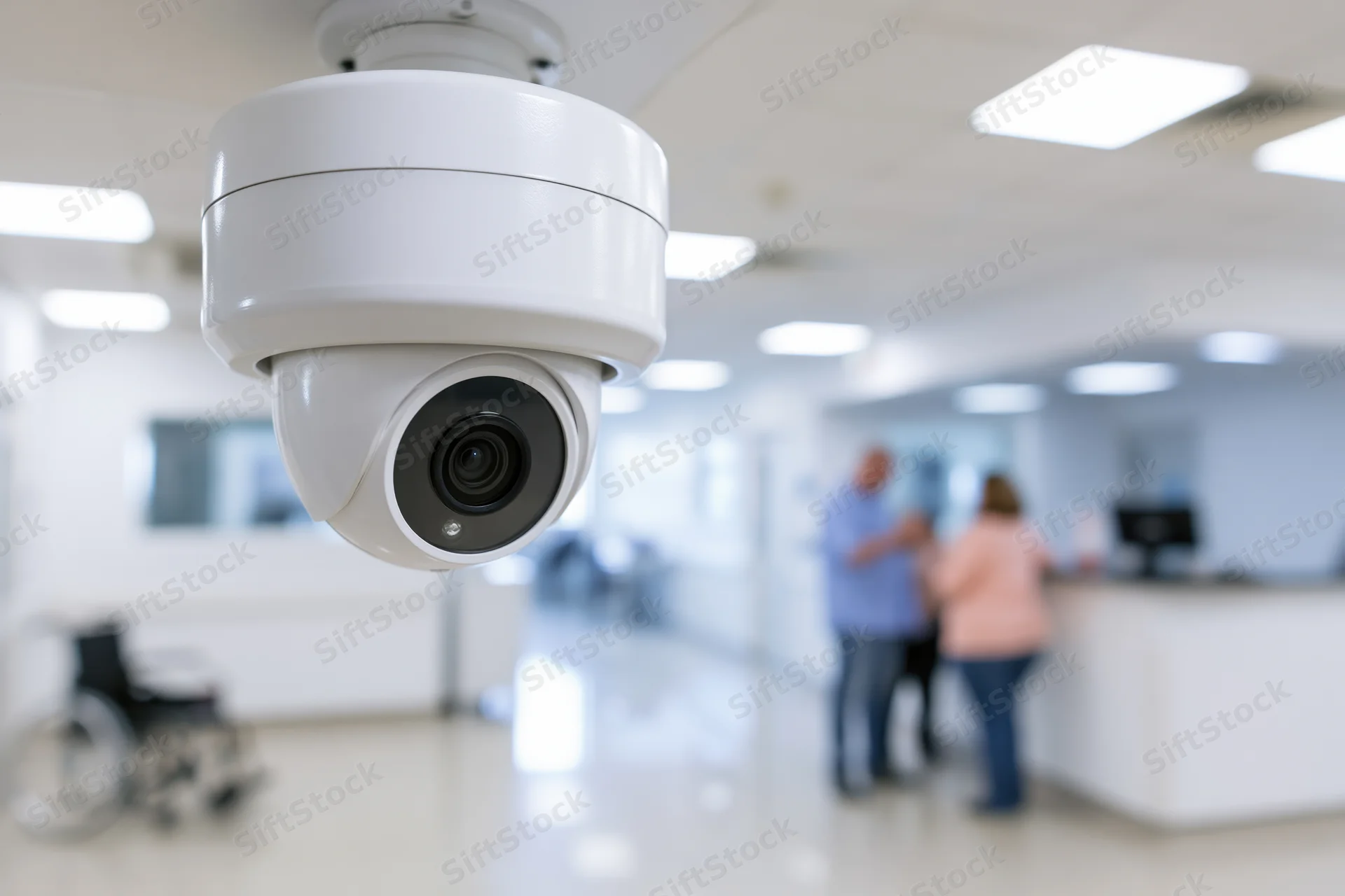White dome security camera mounted on ceiling in hospital corridor with blurred people at reception desk