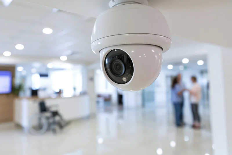 White dome security camera mounted on ceiling in modern office lobby with blurred people and reception desk in background
