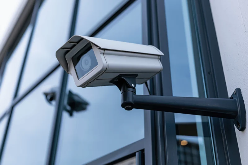 White cctv security camera mounted on black metal bracket on building exterior