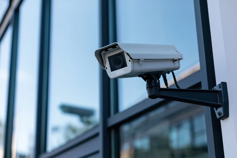 White cctv security camera mounted on black metal bracket on building exterior