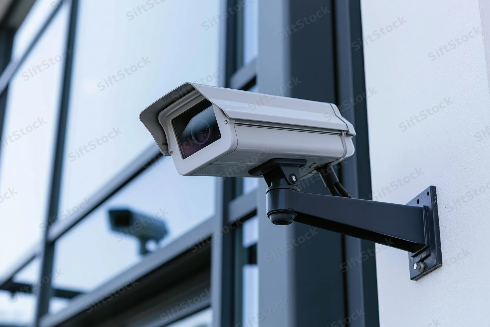 White cctv security camera mounted on black metal bracket on building exterior