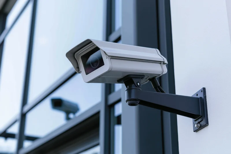 White cctv security camera mounted on black metal bracket on building exterior