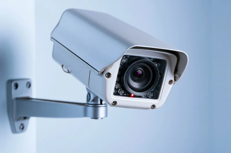 White cctv security camera mounted on metal bracket against light blue wall