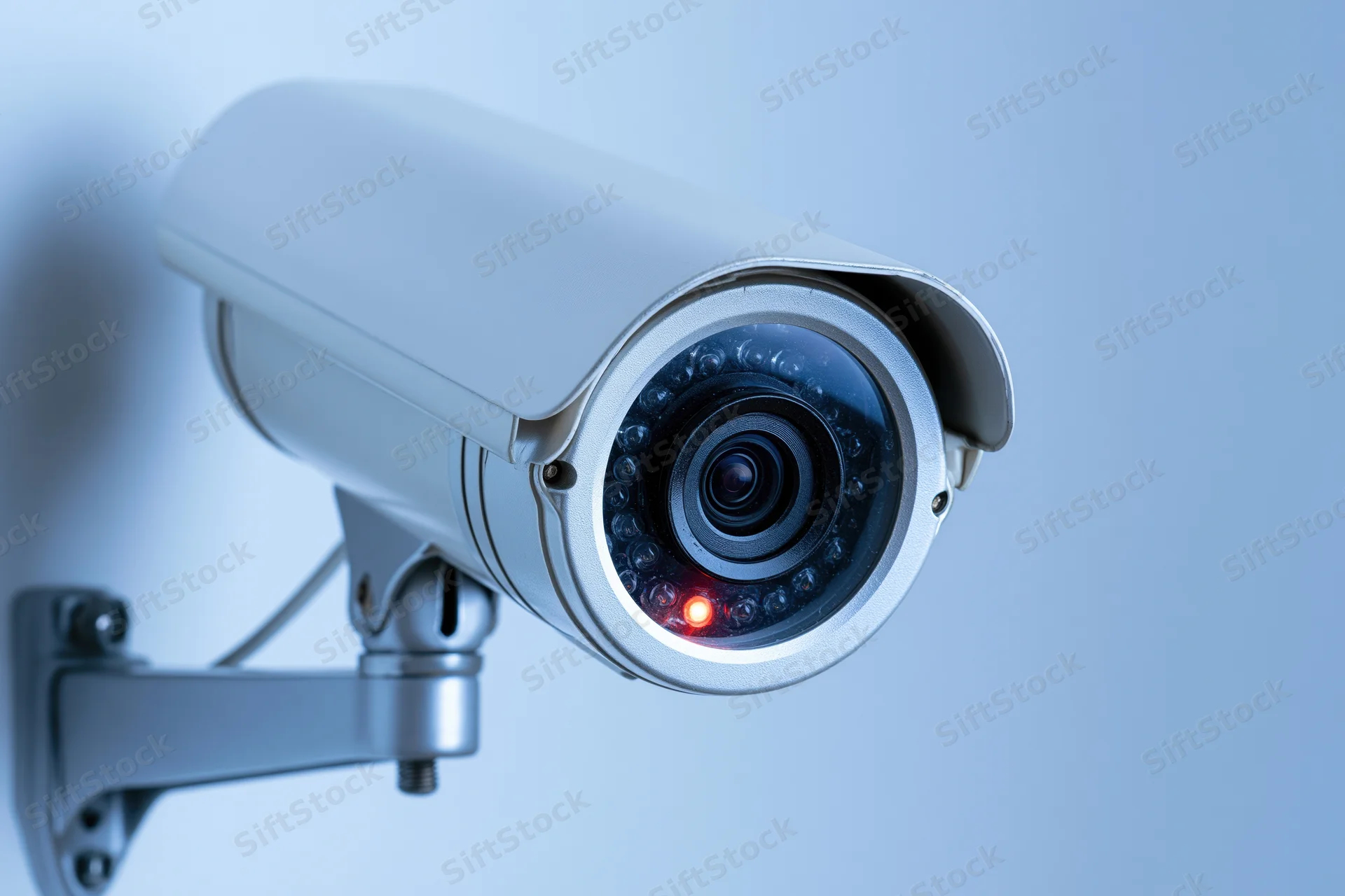 White cctv security camera mounted on metal bracket against light blue wall