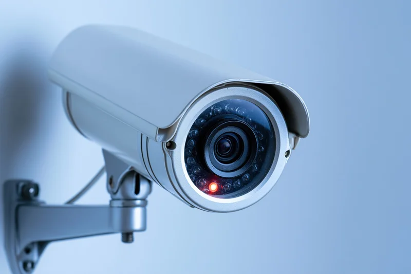 White cctv security camera mounted on metal bracket against light blue wall