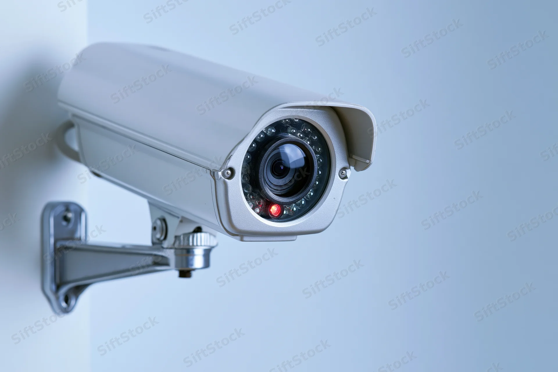 White cctv security camera mounted on metal bracket against light wall