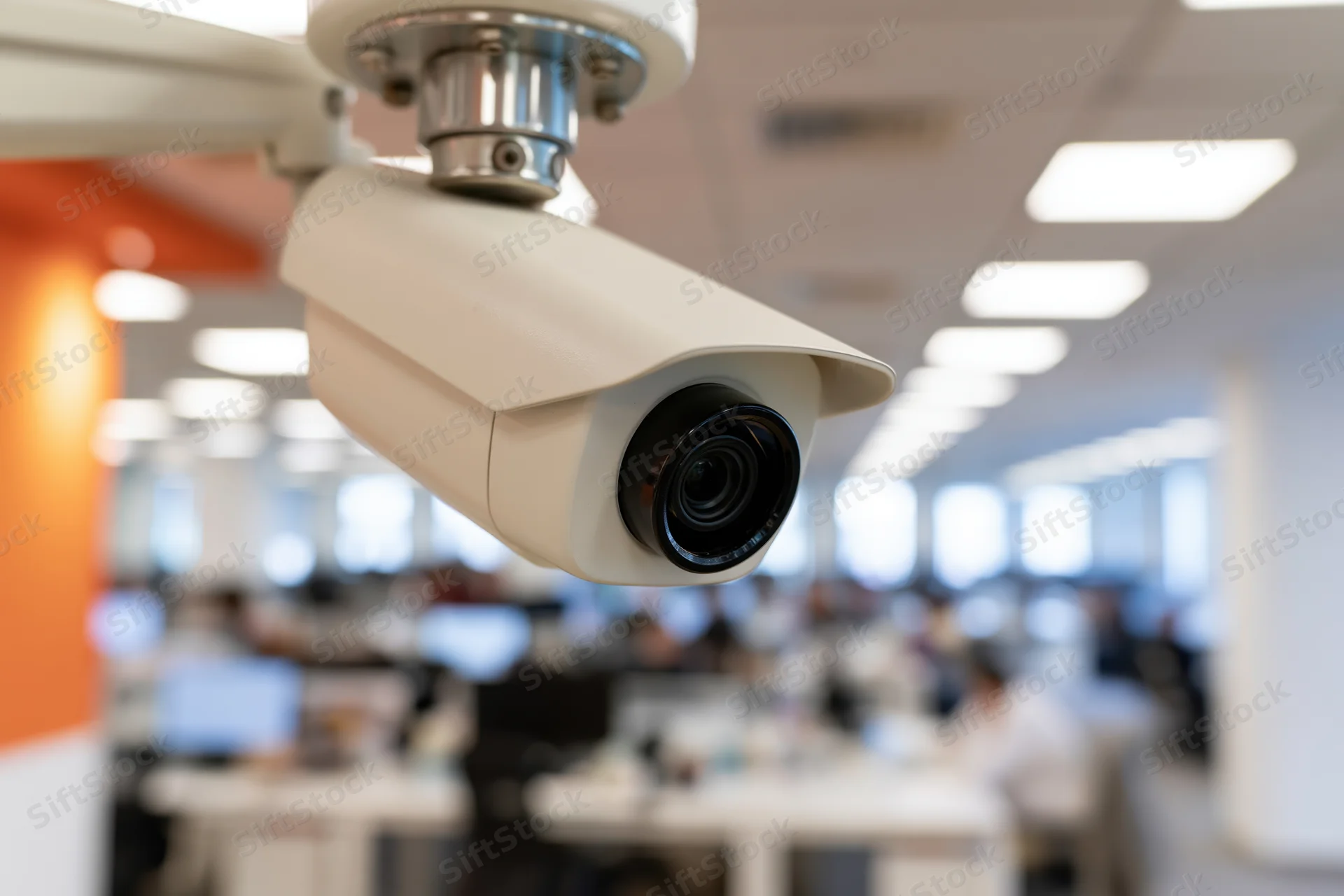 White bullet-style security camera mounted on ceiling overlooking office workspace