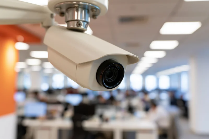 White bullet-style security camera mounted on ceiling overlooking office workspace