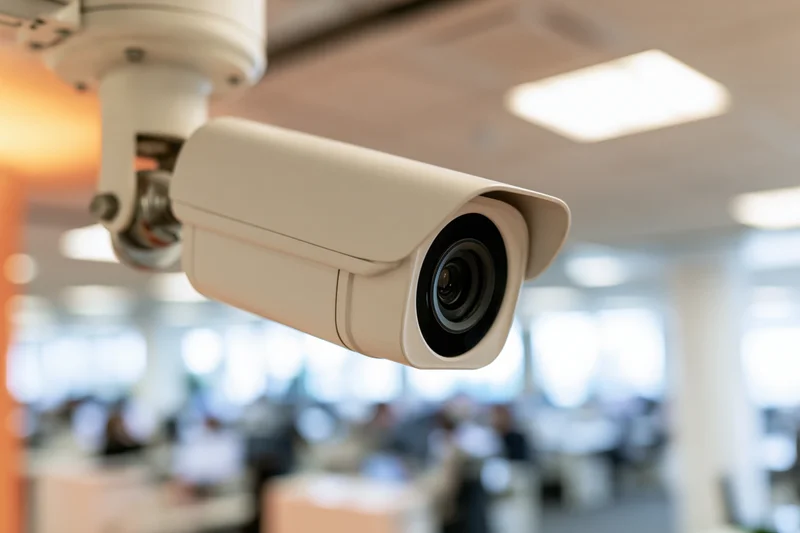 White bullet-style security camera mounted on ceiling in office interior