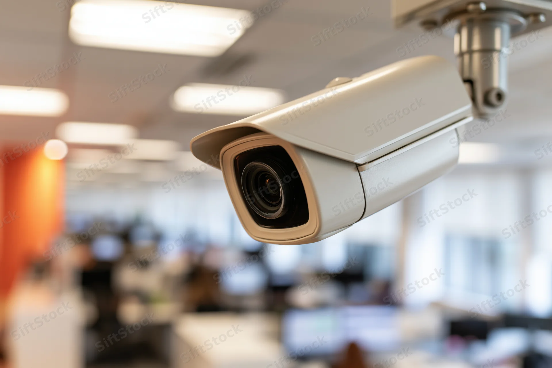 White bullet-style security camera mounted on ceiling in office space