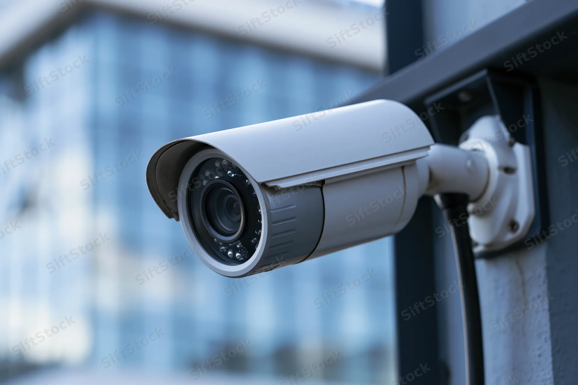 White bullet-style security camera mounted on a dark wall outside a modern building