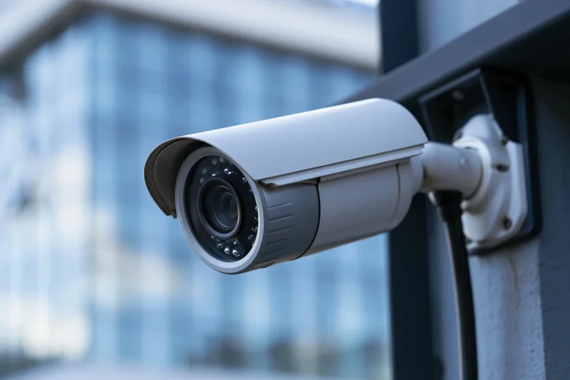 White bullet-style security camera mounted on a dark wall outside a modern building
