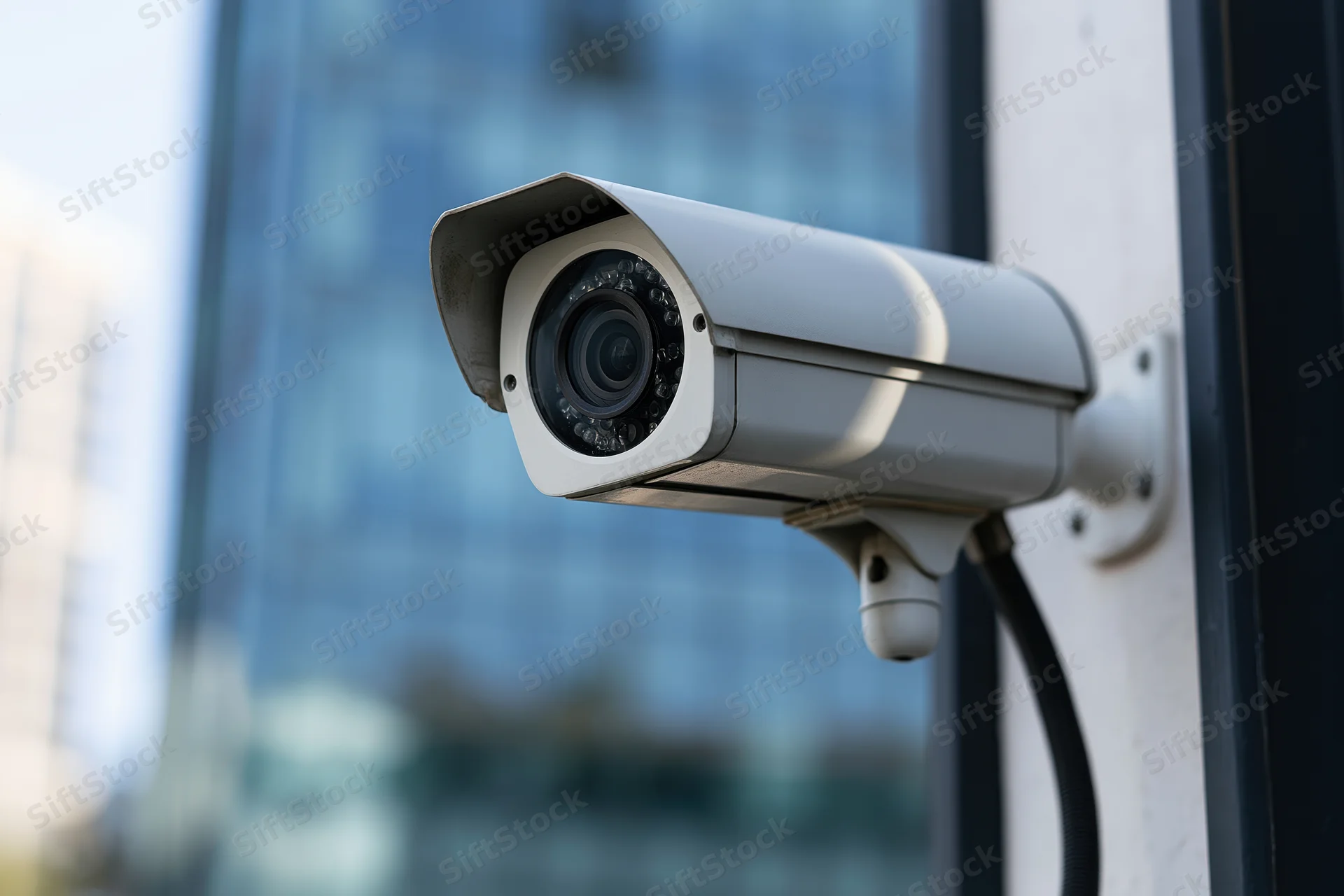 White bullet-style security camera mounted on a building wall outdoors