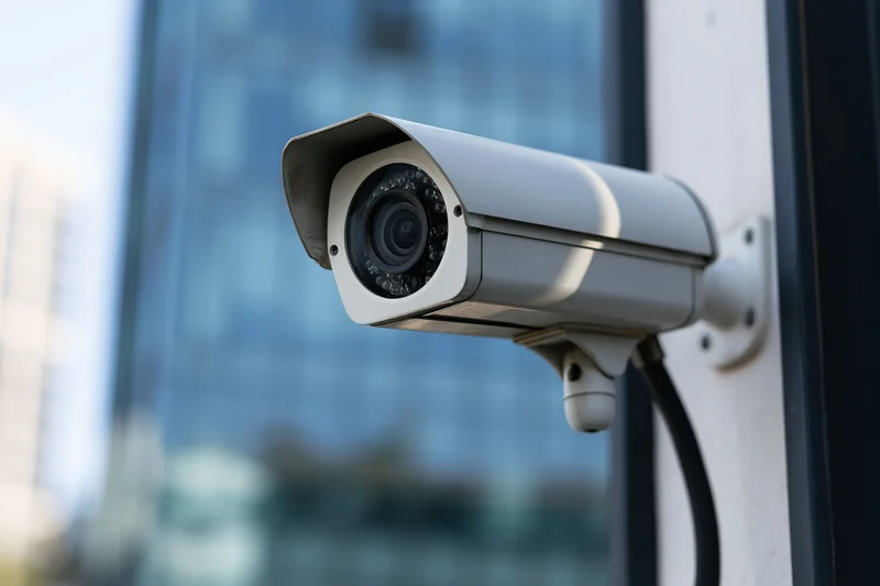 White bullet-style security camera mounted on a building wall outdoors