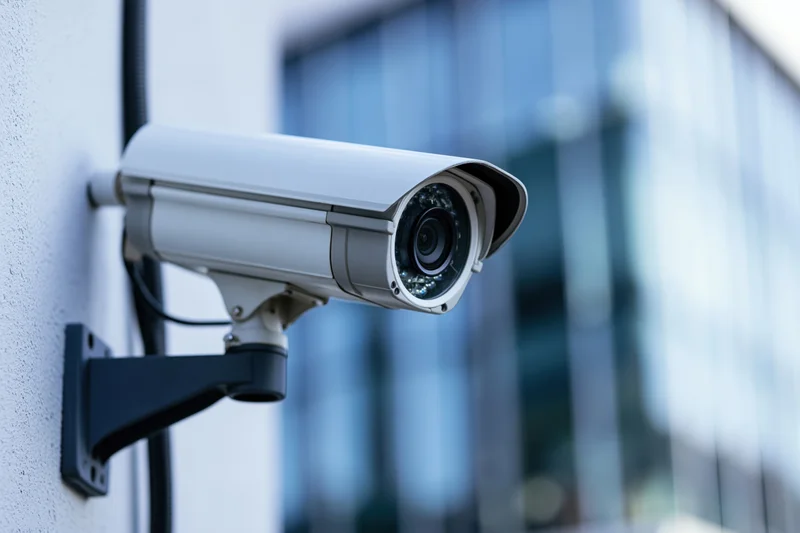 White bullet-style security camera mounted on a building wall with glass facade in background
