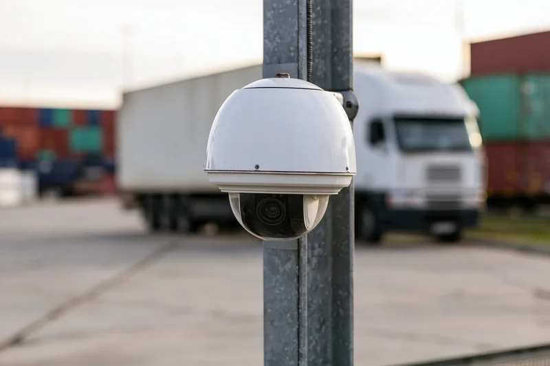 White dome security camera mounted on metal pole in shipping yard with trucks and containers in background