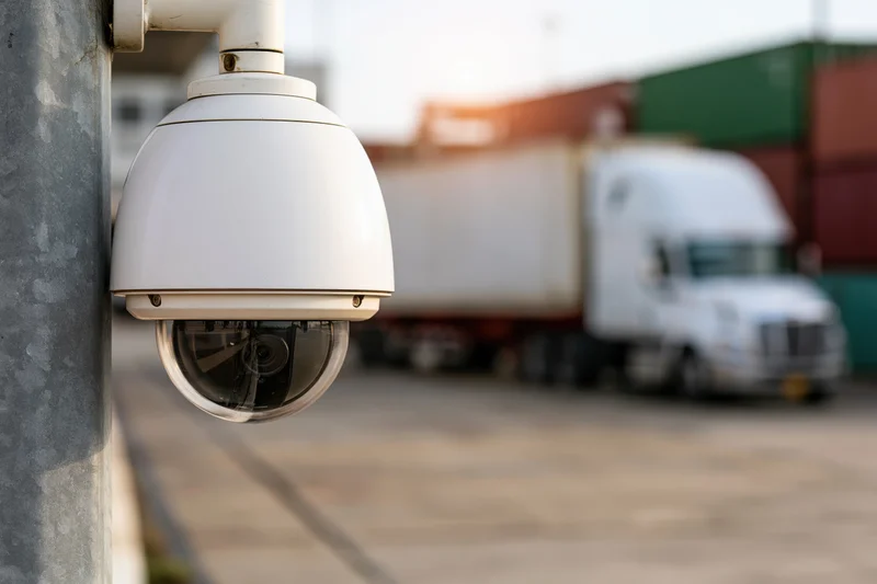 White dome security camera mounted on metal pole overlooking freight trucks and shipping containers in industrial yard
