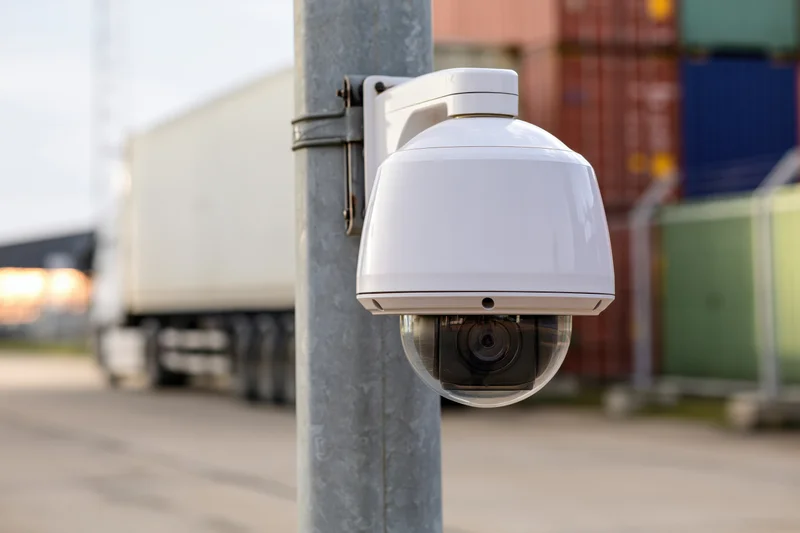 White dome security camera mounted on metal pole in industrial port yard with shipping containers and truck in background