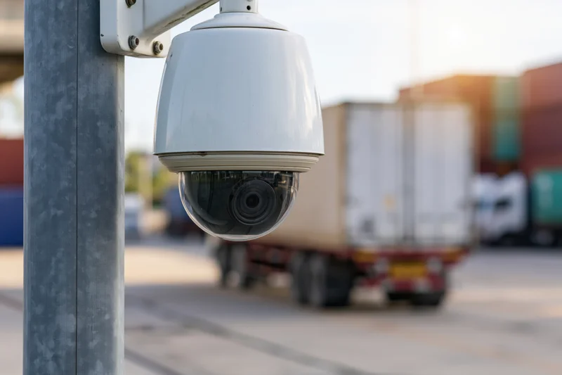 White dome cctv security camera mounted on metal pole overlooking shipping containers and trucks in industrial port yard