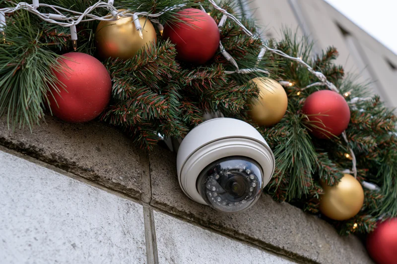 White dome security camera mounted on concrete wall ledge adorned with christmas garland and ornaments