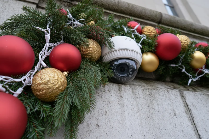 White dome security camera mounted on concrete wall ledge surrounded by christmas garland with red and gold ornaments and string lights