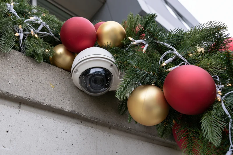 White dome security camera mounted on concrete ledge surrounded by christmas garland with red and gold ornaments and string lights