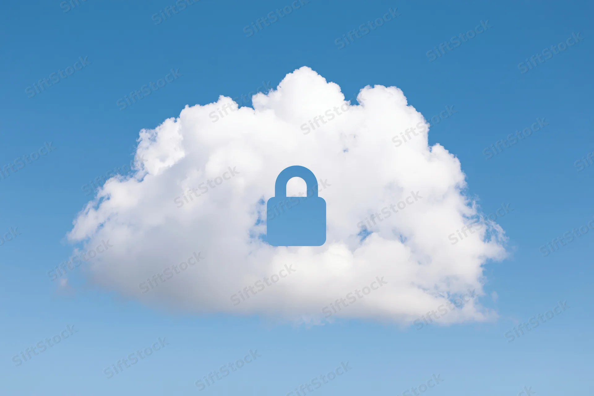 White fluffy cloud with blue padlock symbol against clear blue sky