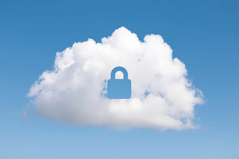 White fluffy cloud with blue padlock symbol against clear blue sky