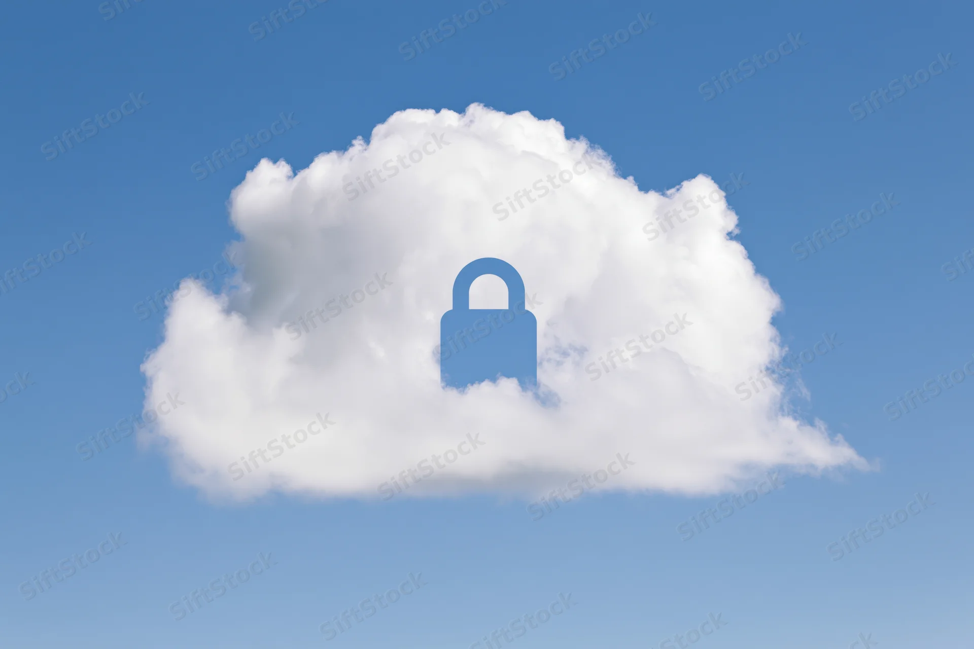 White fluffy cloud with blue padlock symbol against clear blue sky