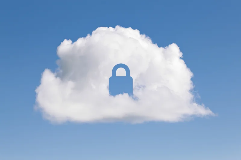 White fluffy cloud with blue padlock symbol against clear blue sky