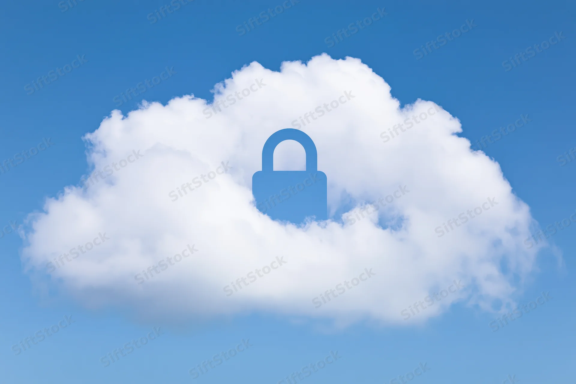 White fluffy cloud with blue padlock symbol against clear blue sky