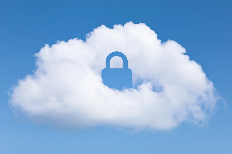 White fluffy cloud with blue padlock symbol against clear blue sky