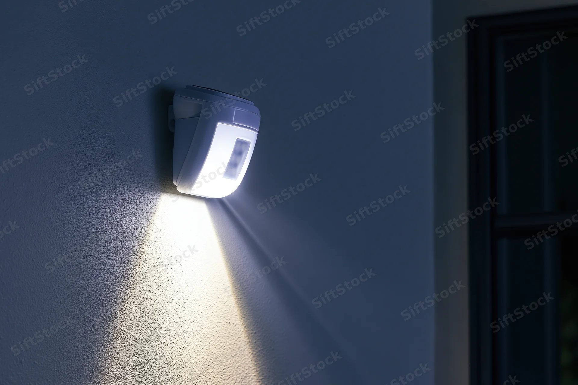 White plastic solar-powered led motion sensor light mounted on dark wall at night emitting bright beam